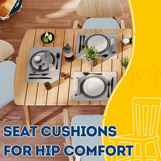 AAAAAcessories D-Shaped Chair Cushions, 2" Thick Dining Chair Pads with Ties and Removable, Machine-Washable Cover, 17" x 16", Set of 8, Pinstripe Blue