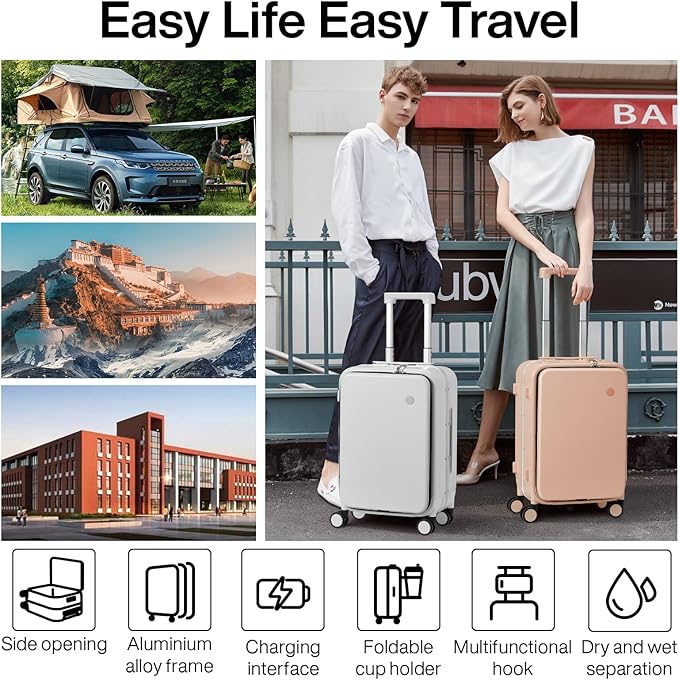 mixi Large Checked Luggage with Cup Phone Holder and Charger Hard Shell Suitcases with Spinner Wheels, 24 Inch Light Pink