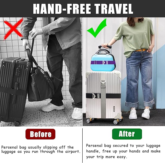 SOWPOPY Travel Belt for Luggage, Add a Bag Luggage Straps Suitcase Travel Belt Over Handle for Carry On Bag, Adjustable 2-in-1 Elastic Luggage Belt Bag Bungee Travel Essential Accessories