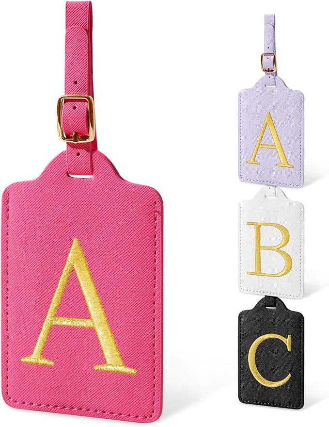 Initial Luggage Tags for Suitcases, Cute Embroidered Letter Luggage Bag Suitcase Identifier Name Baggage Tag, PU Leather Travel Luggage Tags, Bag Tags for Men Women Kids Luggage Handbags(Rosered A)