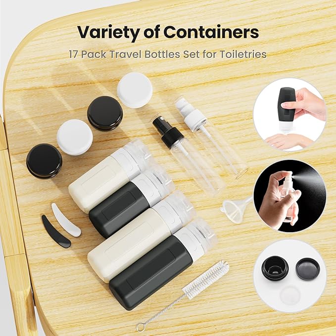 17 Pack Travel Bottles - TSA Approved Travel Size Toiletries, Leak Proof Containers for Toiletries, Silicone Squeezable Container for Shampoo, Body Wash, Lotion & Conditioner - Black