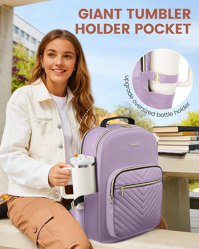 LOVEVOOK Laptop Backpack for Women with Giant Tumbler Holder 18.4 inch,Designer Travel Backpack Laptop Bag College Backpack,Quilted Work Nurse Teacher Backpack Purse Computer Bag Daypack,Taro Purple