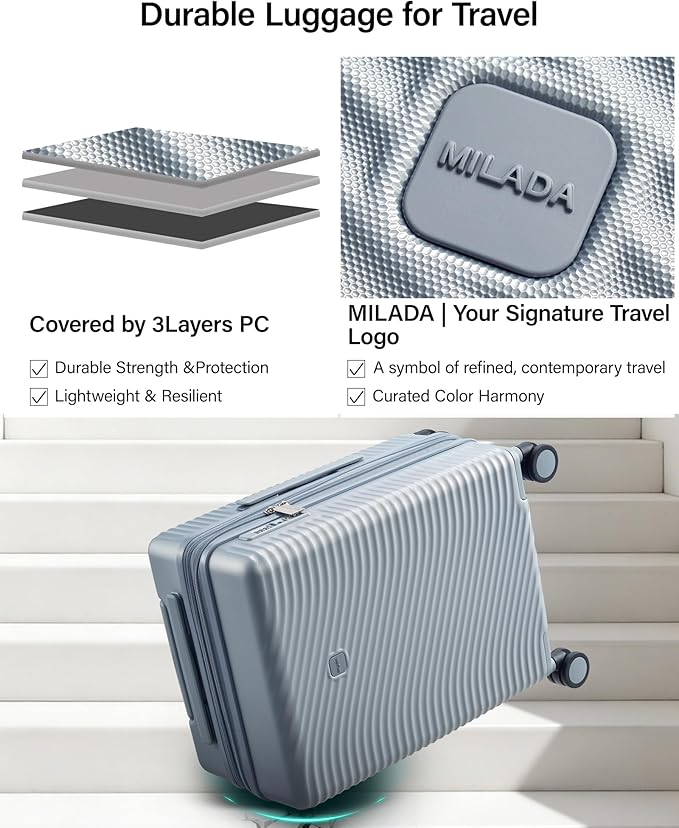 MILADA 24 Inch Expandable Checked Luggage - Hardshell Suitcase with Wheels, TSA Lock, Durable PC Shell, Checked Baggage, Lightweight & Scratch-Resistant, Arctic Silver
