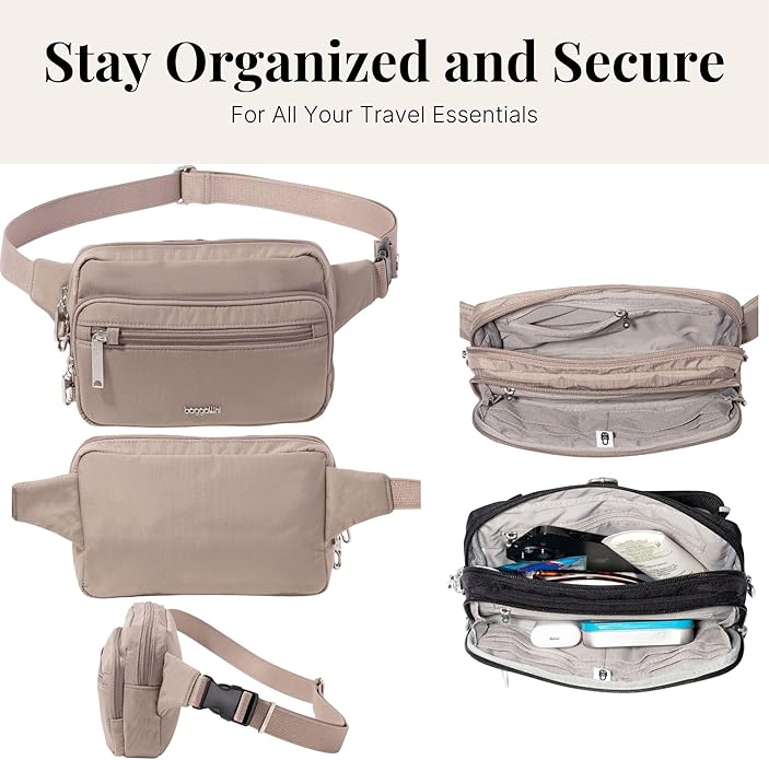 Baggallini Securtex Anti-theft Belt Bag 8.8"x5.5" Crossbody Fanny Pack for Women RFID Wallet Locking Zipper Travel Purse