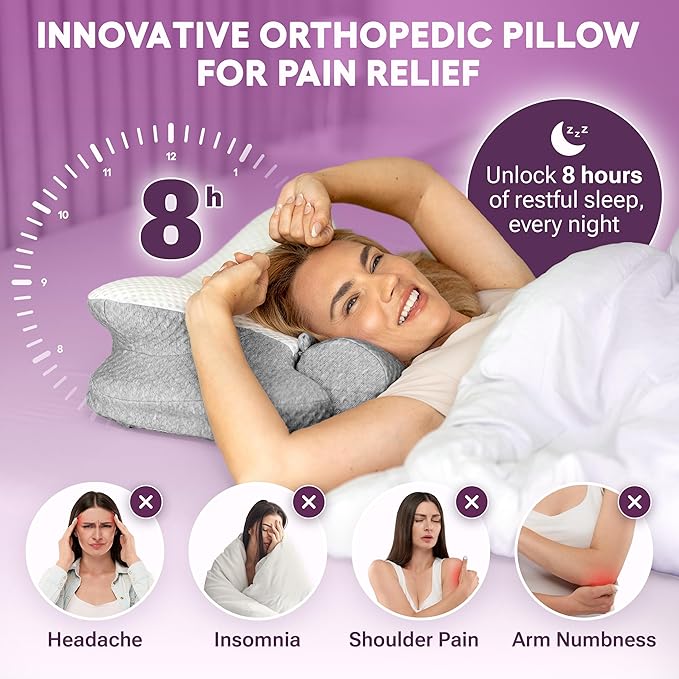 3-in-1 Orthopedic Pillow, Cervical Neck Pillow for Sleeping, Adjustable Height Memory Foam Neck Pillow and Detachable Roll, Contour Pillow for Neck Pain Relief for All Sleeping Positions (White)