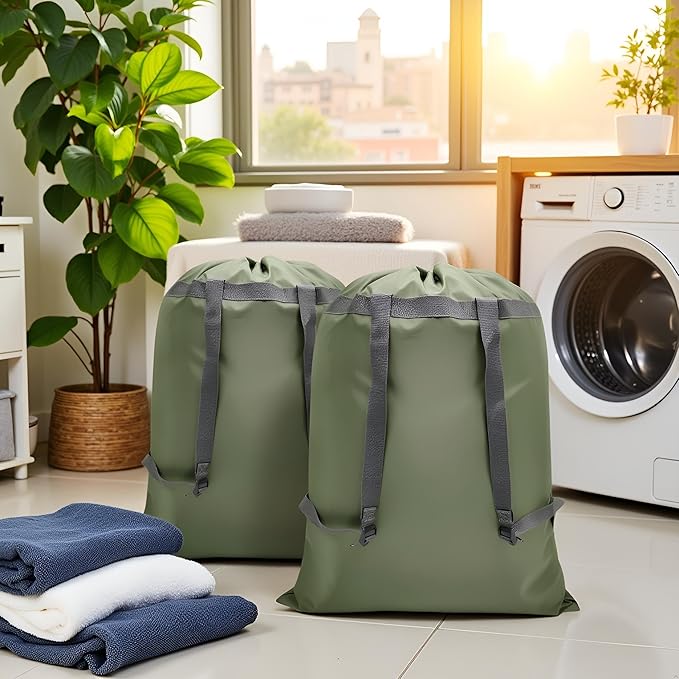 2 Pack Laundry Bag Backpack, 27” x 34”Sturdy Laundry Bag with Shoulder Straps Drawstring Closure Heavy Duty Foldable Laundry Backpack for College, Travel, Laundromat, Apartment (Army Green)