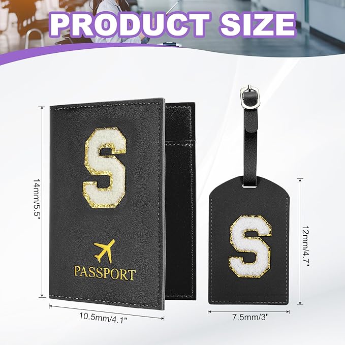 PATIKIL Passport Holder for Travel, Initial Passport Cover and Luggage Tag Set with Alphabet Chenille Letter Patch Travel Wallet Bag Suitcase Identifier for Women Family Travel Black S