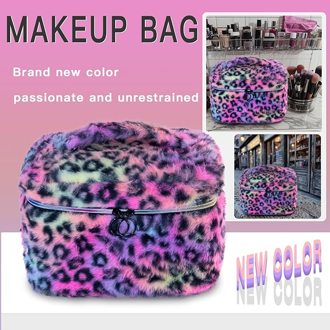 Plush Travel Makeup Bag Toiletry bag for Women Soft Fluffy Cosmetic Bag Portable Foldable (Rainbow Leopard)