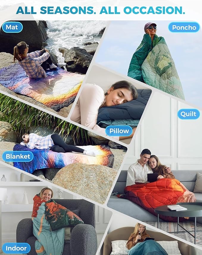 KingCamp Ultralight Camping Blanket, Packable Down Alternative Puffy Printed Wearable Blanket with Snap Buttons & Corner Loops Weatherproof Quilt for Outdoor Travel Stadium (78.7"L x 57.1”W, CYAN)