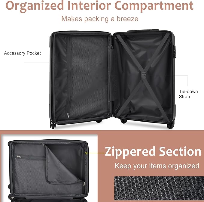 20 Inch Carry On Luggage, Lightweight ABS Hard Shell Suitcase with Spinner Wheels, Durable Travel Luggage with Combination Lock & Side Hooks for Men Women, White Brown