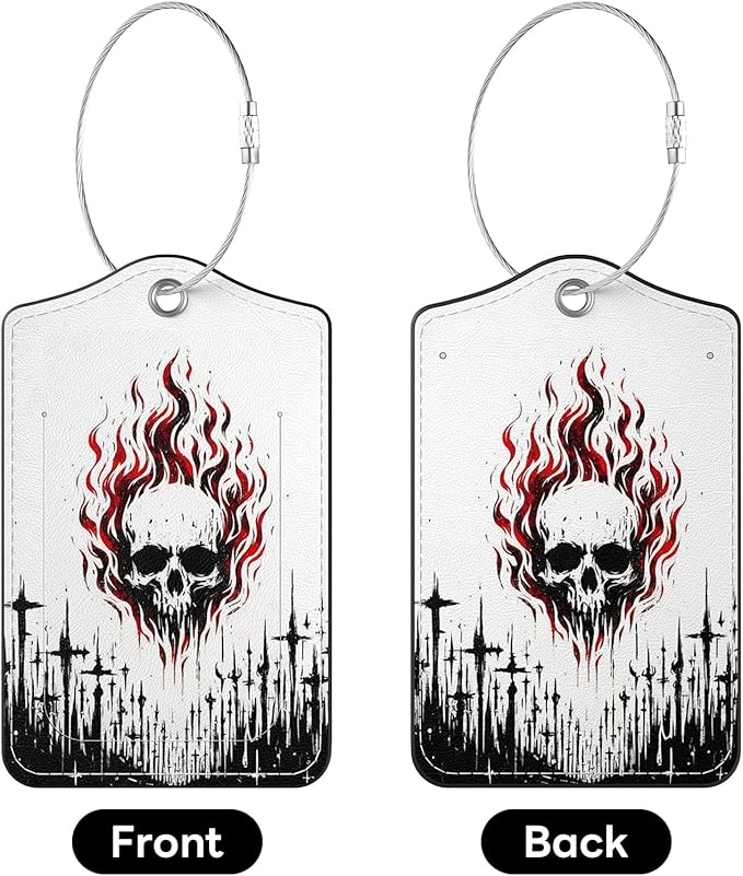 2 Pack PU Leather Luggage Tags for Suitcases, Privacy Protection Cover with Stainless Steel Loop and Address Card, Travel Cruise Essentials (Flame Skull)