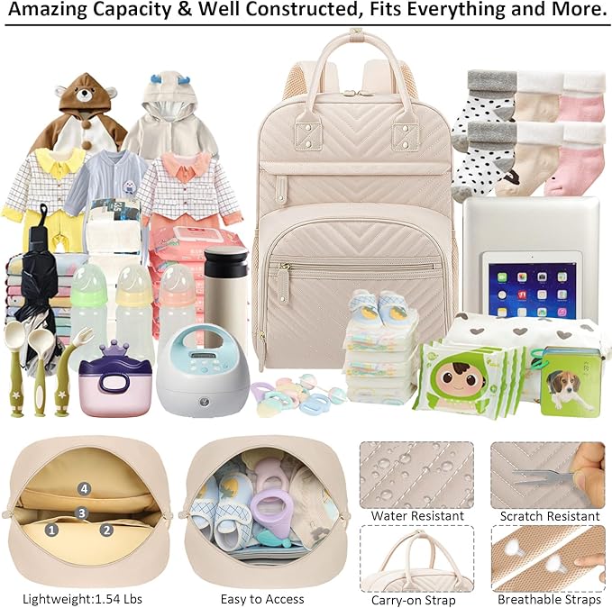 Tenot Diaper Bag Backpack Tote for Women Large Capacity, Baby Bag with Insulated Pockets Multifunctional Diaper Bags For Baby Girl Boy Waterproof Baby Bags For Boys Girls Maternity Bag Beige