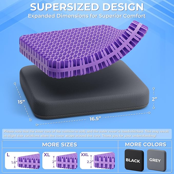 TushGuard Gel Seat Cushion for Long Sitting, Enlarged & Thickened Patent Design Office Chair Seat Cushion, Breathable Cooling Pads for Chairs, Soft Car Cushions for Wheelchair(2" Thick, Grey)