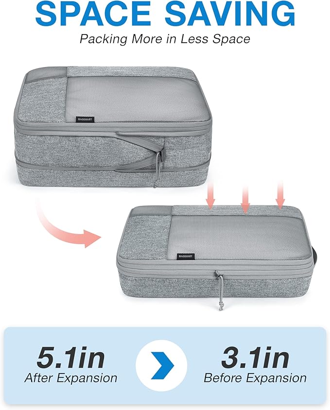 BAGSMART Compression Packing Cubes for Travel, 6 Set Packing Cubes for Carry on Suitcases, Compression Travel Cubes & Suitcase Organizer for Packing with Shoe Bag Grey