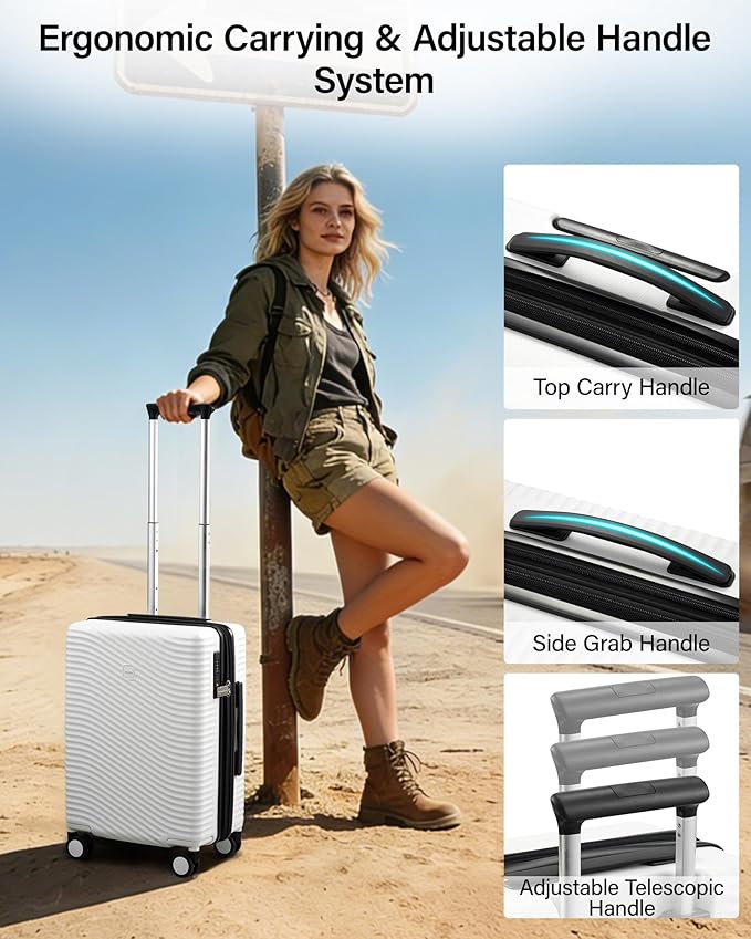 MILADA Expandable Carry On Luggage 20 Inch - Airline Approved Hardshell Suitcase with 8 Spinner Wheels, TSA Lock, Water-Resistant PC Shell, Lightweight & Durable for Travel, White
