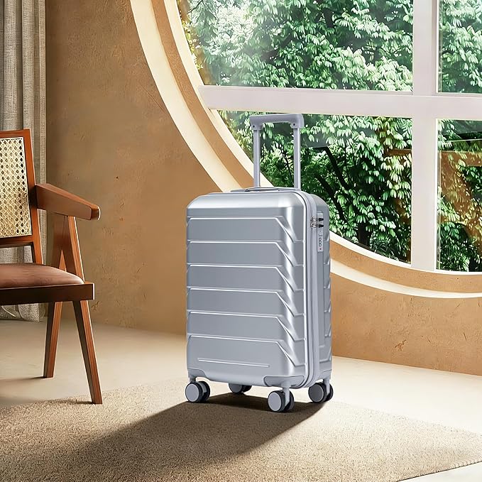 20 Inch Carry On Luggage, Lightweight ABS Hard Shell Suitcase with Spinner Wheels, Durable Travel Luggage with Combination Lock & Side Hooks for Men Women, Silver