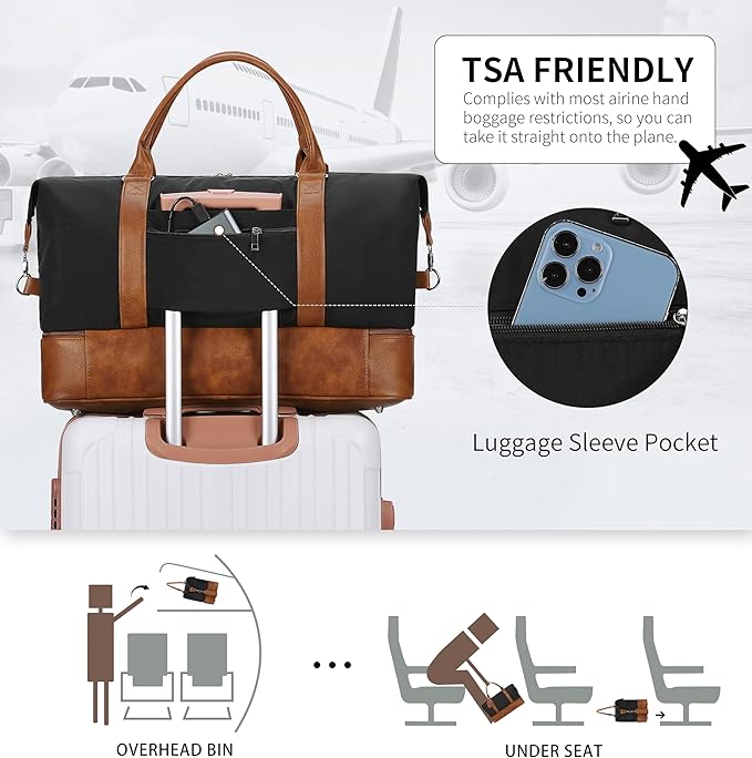 Oeihuivt Weekender Bags for Women - 21 Inch Large Travel Duffel Bag 2-Piece Set with Shoe Compartment, Heavy-Duty Canvas Leather Carry On Overnight Tote