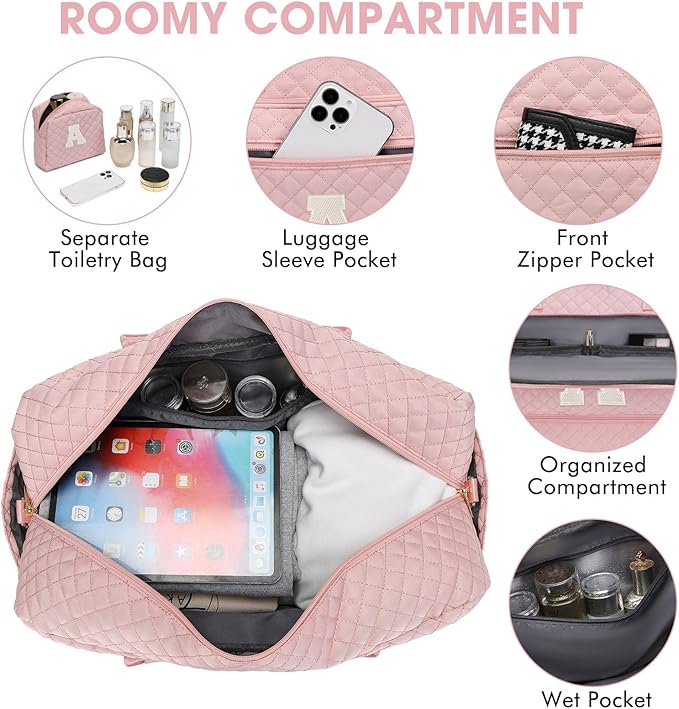 Initial Travel Duffle Bag for Women - Pink Personalized Weekender bags Overnight Bag with Shoe Compartment & Wet Pocket Weekend Tote Bags with Toiletry Bag Monogram Christmas Gifts (Letter A)