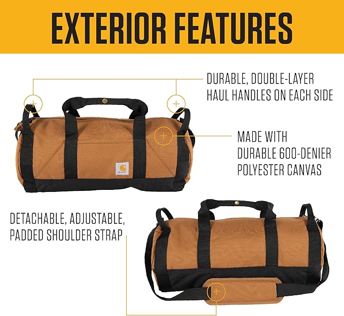 Carhartt Classic Round Duffel with Utility Pouch, Heavy-Duty, Water-Resistant Packable Gear Bag for Jobsite, Gym, and Travel