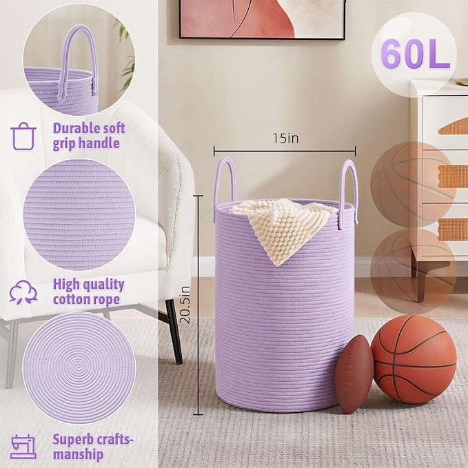Laundry Basket,Woven Cotton Rope Laundry Hamper,60L for Decorative Storage of Dirty Clothes,Toys and Blankets in Bathroom,Baby Room and Living Room