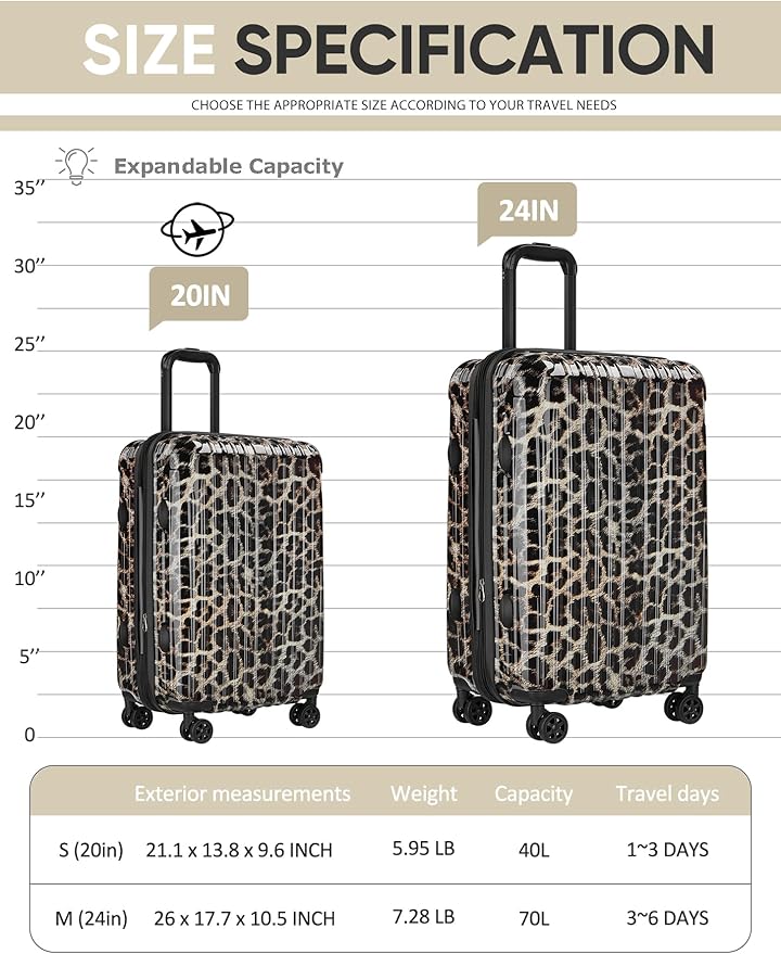 Cheetah Print Carry on Luggage - Airline Approved Suitcases with Spinner Wheels, Built-In TSA Lock，Hard Shell Expandable Suitcases