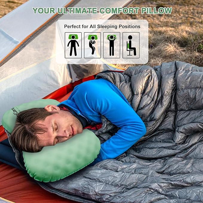 Camping Pillow with Soft Cover, Lightweight Inflatable Pillow for Neck Lumbar Support,Upgrade Backpacking Pillow,Washable Travel Air Pillows for Hiking, Backpacking, Airplane, Beach, Green