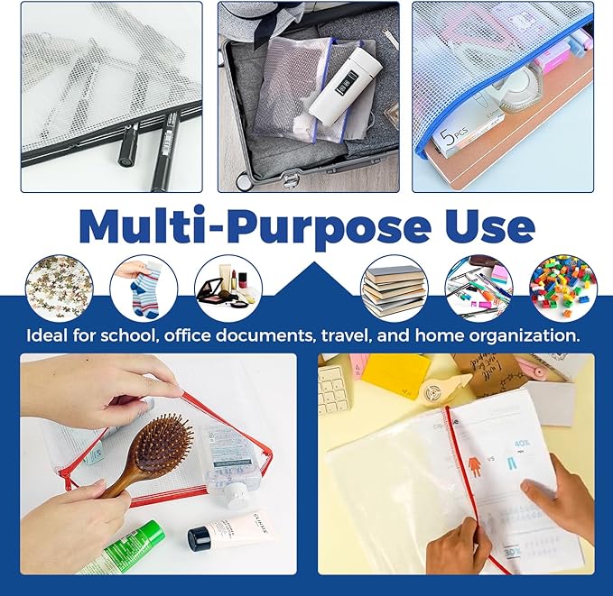 Charmount A4 Mesh Zipper Pouch Bags, Waterproof Plastic Document Organizer Folders, Multipurpose File Bags for Office, School, Toys, Board Games, Puzzles, Travel, and Home Storage Supplies-10 Pack