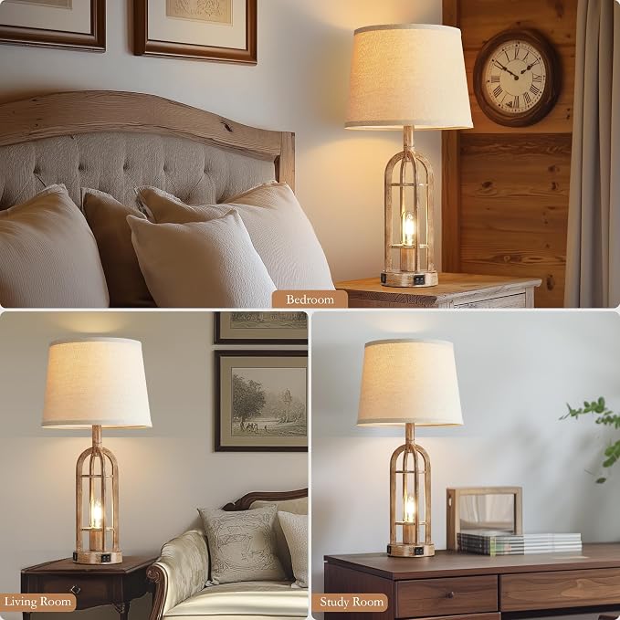 SRJJA Table Lamps for Living Room End Table Set of 2 - Rustic Farmhouse Bedside Lamps for Bedroom Nightstand with Nightlight and USB A+C, 4 Bulbs Included