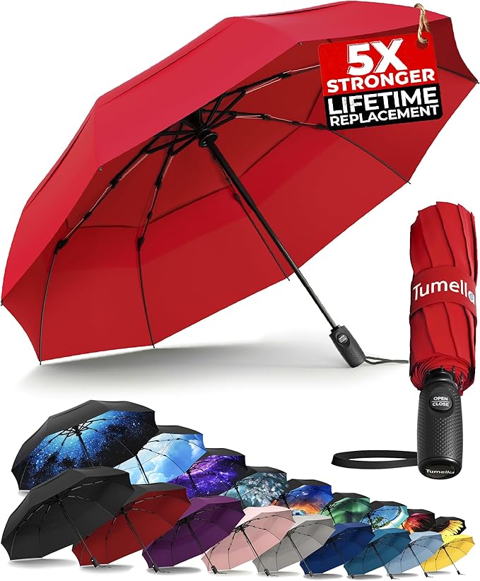 TUMELLA Strongest Windproof Travel Umbrella (Compact, Superior & Beautiful), Small, Wind-Tested, Light & Portable, Automatic Folding Rain Umbrella, Durable Premium Grip, Fits Car and Backpack