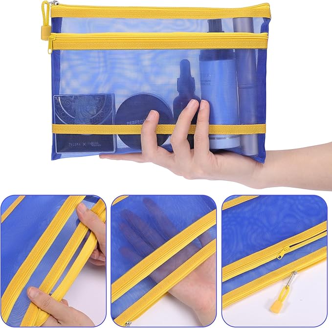 12 Pieces Zipper Nylon Mesh Pouch, Mesh Cosmetic Bags Makeup Bags Pencil Case, Multipurpose Travel Bags for Cosmetic School Office Supplies and Travel Accessories (2 Layers-Blue, A5)