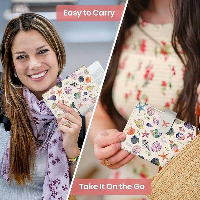 Passport Holder for Travel Essentials, RFID Blocking Leather Cover Wallet with Magnetic Closure, Aesthetic & Cute Passport Book Case for Women and Men - Seashell