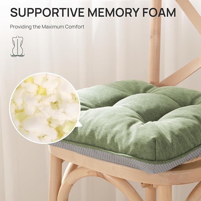 Love's cabin Memory Foam Chair Cushions Set of 4, 15.5"x15.5"x3.5" Indoor & Outdoor Seat Pads for Dining, Kitchen, Office, Patio Chairs - Green