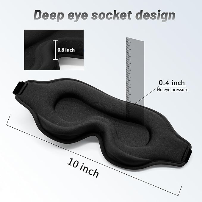 Sleep Eye Mask for Men Women, Sleeping Mask for Side Sleeper, Travel Blackout Night Blindfold Eye Shade Cover with Adjustable Strap (Black-3D)