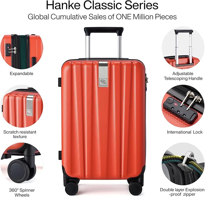 Hanke Expandable Hardshell Luggage Sets 3 piece Carry On Luggage with Wheels Suitcases Lightweight Checked Tsa Luggage Rolling Large Suitcase Travel Luggage Bag Woman Men 20/24/29 Inch(Orange)