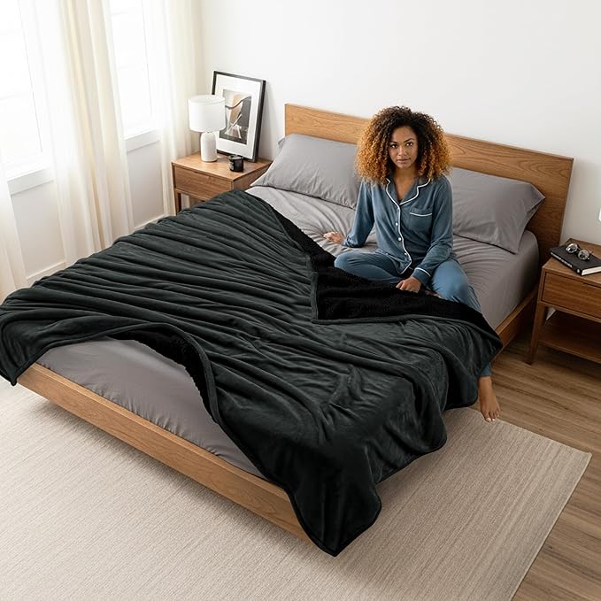 Utopia Bedding Sherpa Blanket Queen Size (Black, 90x90 Inches) - Soft Lightweight Plush Fleece Reversible Blanket for Bed, Sofa, Couch, Camping and Travel