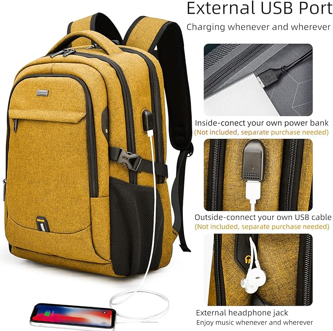 DUSLANG 17 Inch Laptop Backpack for Travel Water Resistant College Backpack for Women Laptop Bag with USB Charging Port Work Backpack,Yellow