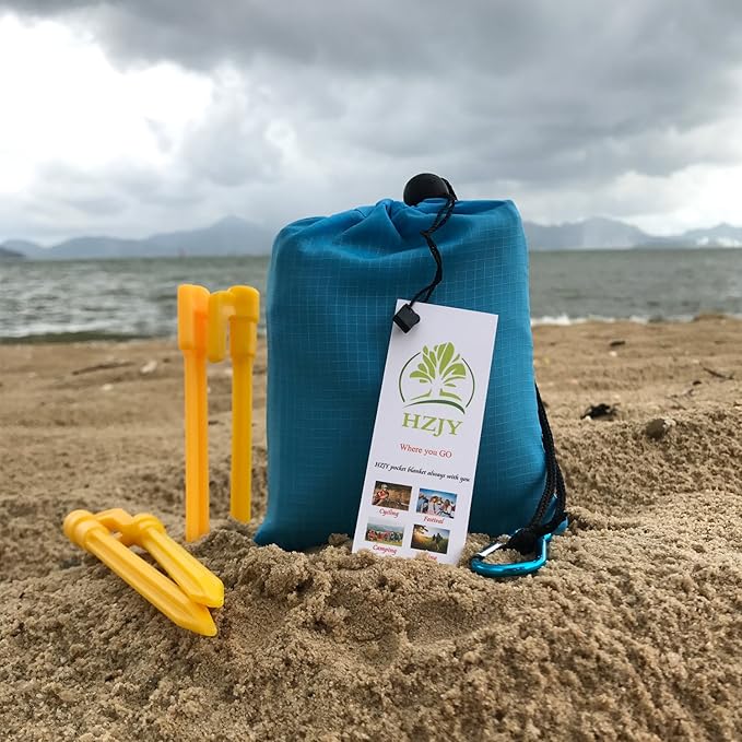 Pocket Blanket 71"x55", Lightweight Compact Sandproof Waterproof Outdoor Blanket for Beach, Hiking, Camping, Travel, Festivals, Picnic with Pockets, Loops, Stakes, Carabiner