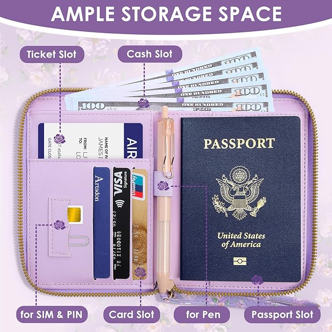 KONVINIT Passport Holder For Travel, RFID Blocking Leather Passport Cover For Travel Accessories, Passport Wallet with Zipper Closure, Cute Passport Book for Women and Men, Purple Flowers