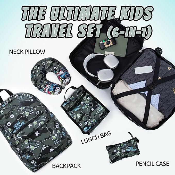 Kid’s Luggage Set 6 Piece Suitcase Set 16" Hardside Luggage with Spinner Wheels Girls Boys Carry on Luggage Travel Rolling Luggage Airline Approved (Joystick)