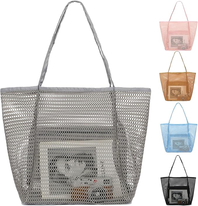 Fammart Mesh Beach Bag, Large Beach Tote with Zipper Pocket, Toys Pool Bag for Family Travel Vacation Cruise Essentials