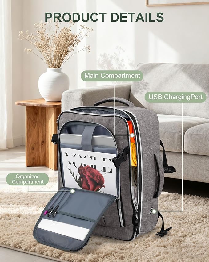 Travel Carry On 17.5" Laptop Expandable Backpack for Men Women, Personal Item Bag Waterproof Airline Approved with USB Charging Hole 3 Packing Cubes, Large Weekender Daypack Business Luggage Suitcase