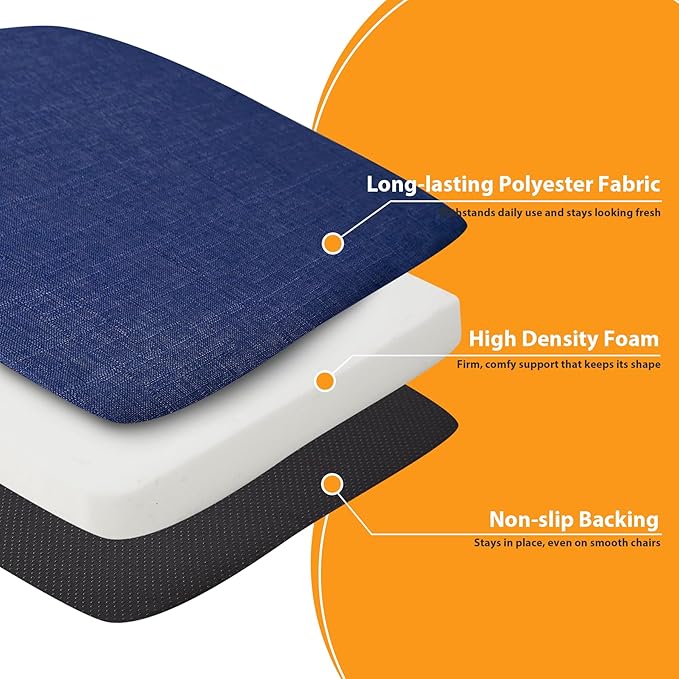 Chair Cushions for Dining Chairs, 2" Thick Seat Cushions for Kitchen Chairs, D-Shaped Chair Pads with Washable Cover, Ties and Non Slip Backing, 17'' x 16'', Set of 4, Blue