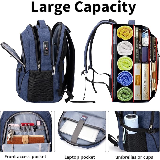 SHRRADOO Anti Theft Laptop Backpack Travel Backpacks with Combination Lock for Women Men High School College Backpack Computer Bag Fits 17 Inch Laptop,Royal Blue