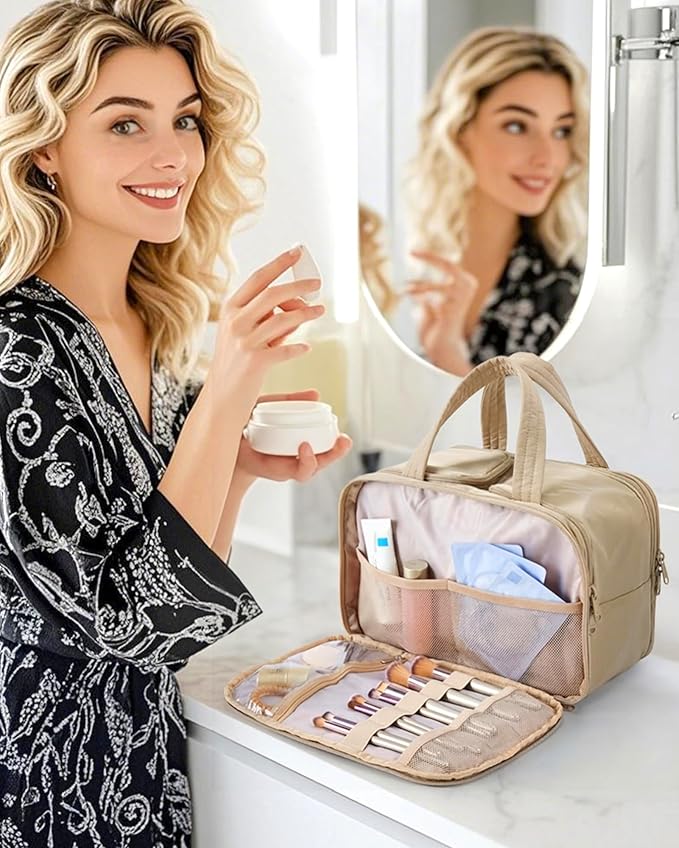 BAGSMART Travel Toiletry Bag, Puffy Large Toiletry Bag for Women, Lightweight Cosmetic Makeup Bag Organizer with Handle for Traveling, Accessories, Essentials, Toiletries (Grayish Brown)