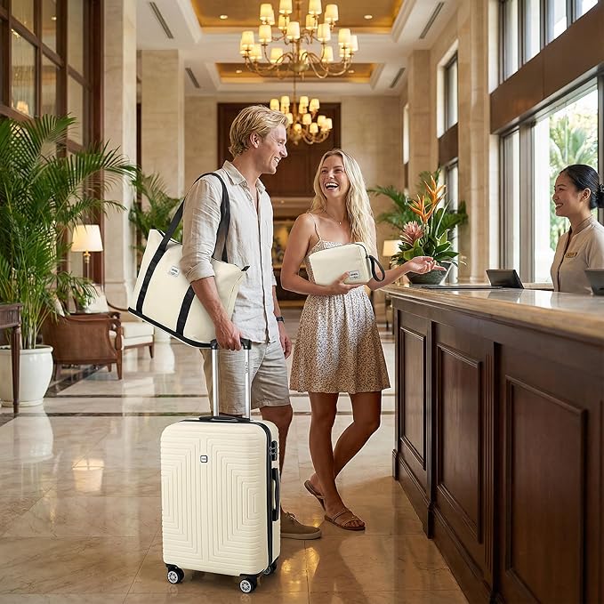 Hoteel Luggage Sets 3 Piece,(4-YEARS WARRANTY) ABS+PC Hardshell Carry On Luggage Airline With TSA Lock,Dual-Spinner Wheel, Expandable Duffle Bag For Lightweight Travel,Business,Beige