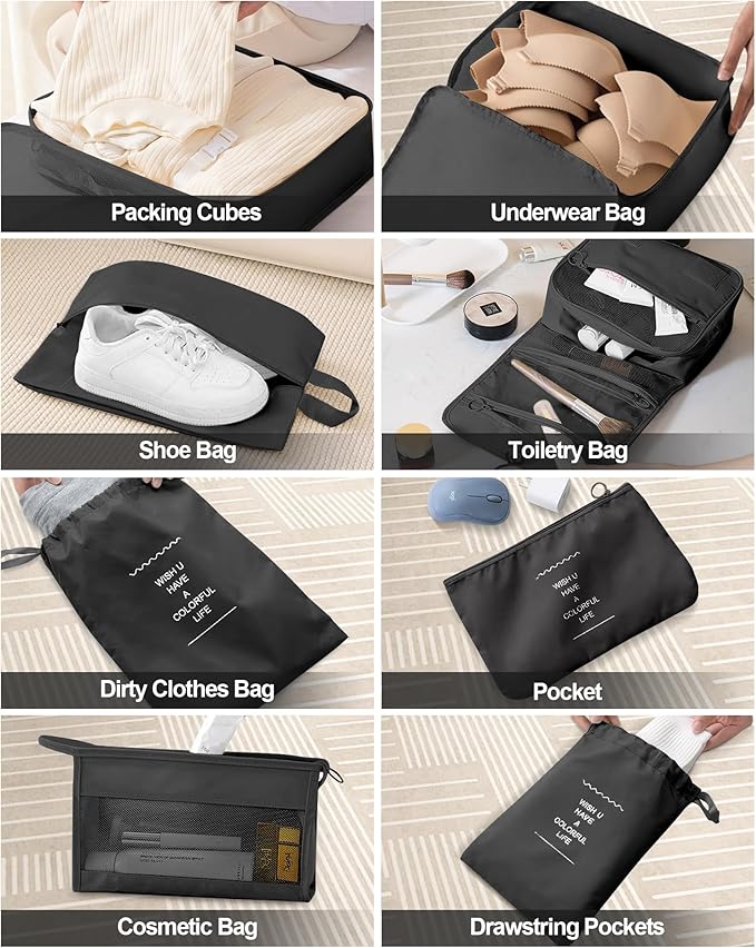 Packing Cubes 10 PCS, Mesh Breathable Luggage Organizers Bags, Packing Organizers, Durable Travel Essentials Bags Set, Travel Packing Organizers, Black