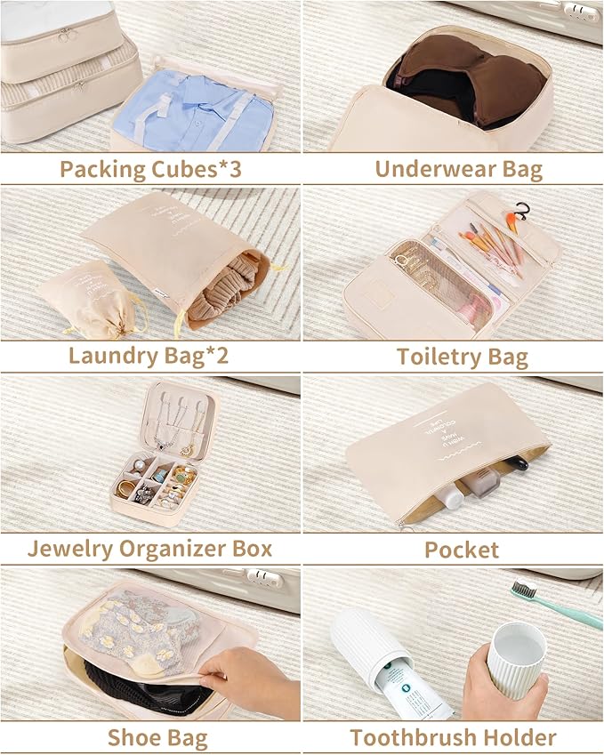 Packing Cubes 11 Set, Suitcase Organizers, Luggage Organizer Bags for Travel, Packing Cubes for Travel, with Toiletry Bag, Travel Essentials,Beige