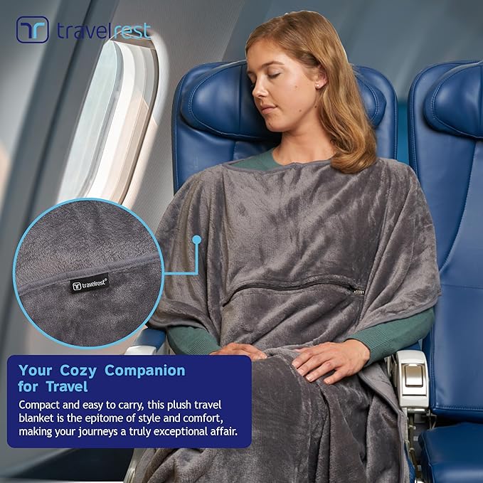 TRAVELREST 4-in-1 Travel Blanket – Wearable Blanket, Pillow & Body Wrap, Lightweight, Compact & Cozy with Carry Case, Travel Friendly, Comfort, Ideal for Airplanes, Long Flights, Road Trips - Gray