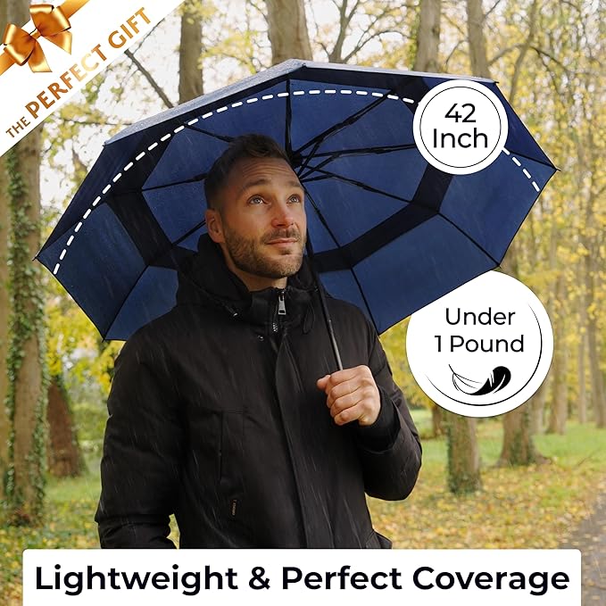 TUMELLA Strongest Windproof Travel Umbrella (Compact, Superior & Beautiful), Small, Wind-Tested, Light & Portable, Automatic Folding Rain Umbrella, Durable Premium Grip, Fits Car and Backpack