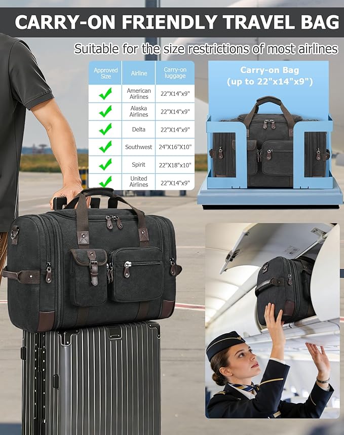 Canvas Duffle Bag for Travel, 55L Weekender Overnight Bag for Men & Women, Vintage Carry on Bags for Airplanes